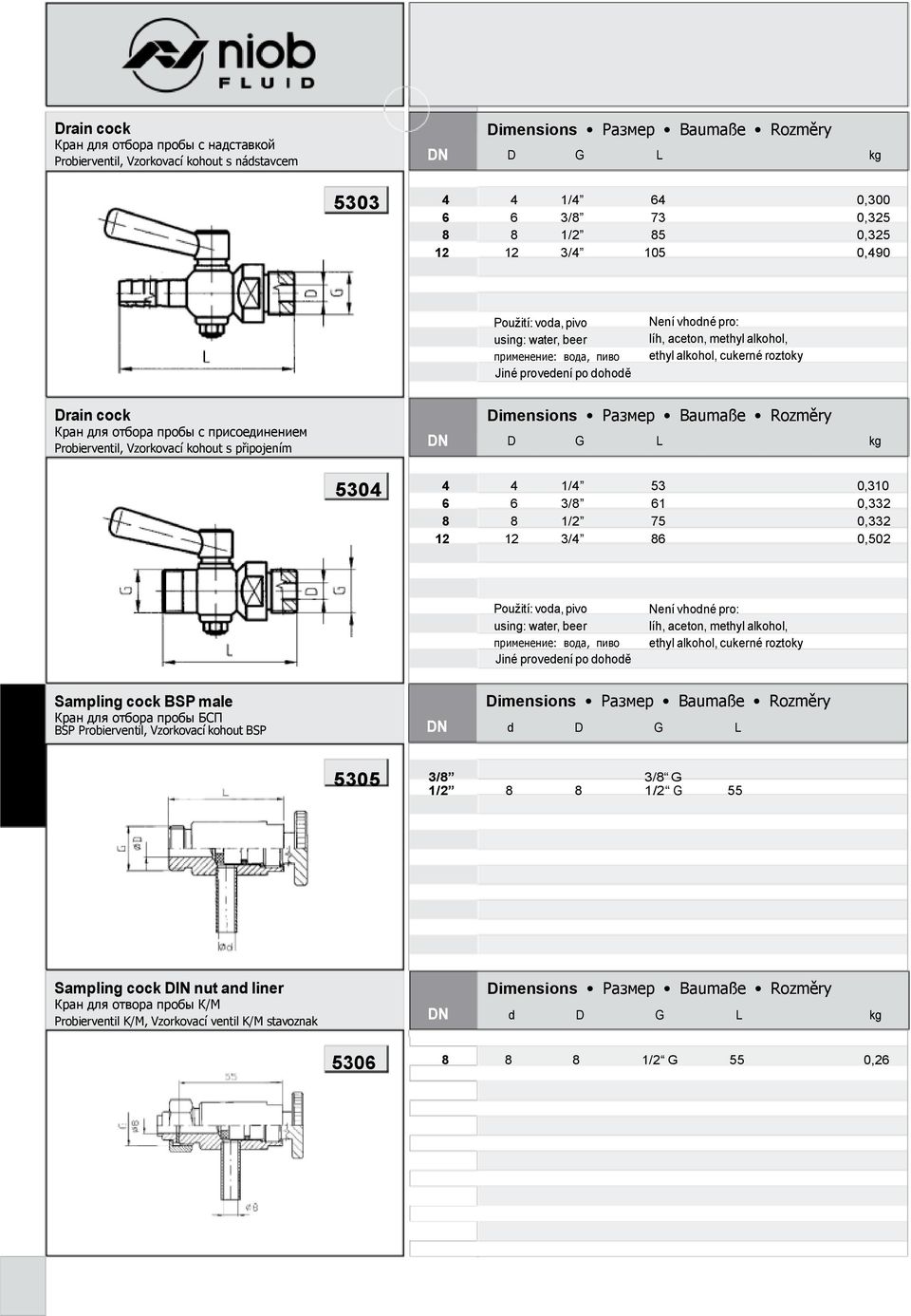 Vzorkovcí kohout s připojením D G L 5304 4 4 1/4 53 0,310 6 6 3/8 61 0,332 8 8 1/2 75 0,332 12 12 3/4 86 0,502 Použití: vod, pivo using: wter, beer применение: вода, пиво Jiné provedení po dohodě