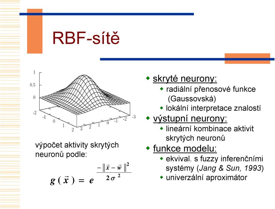 znalostí výstupní neurony: lineární kombinace aktivit skrytých neuronů funkce