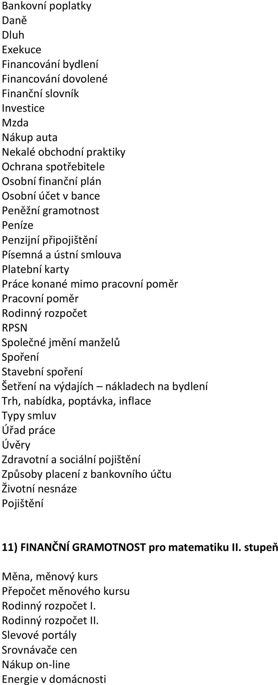 Stavební spoření Šetření na výdajích nákladech na bydlení Trh, nabídka, poptávka, inflace Typy smluv Úřad práce Úvěry Zdravotní a sociální pojištění Způsoby placení z bankovního účtu Životní nesnáze