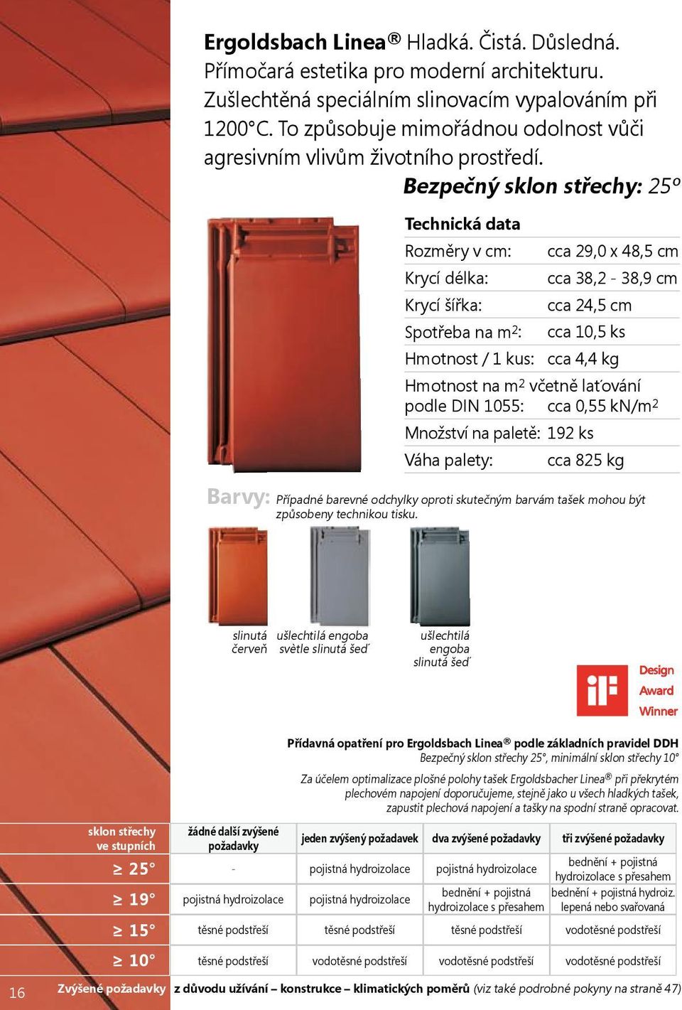 Bezpečný sklon střechy: 25º Technická data Rozměry v cm: 29,0 x 48,5 cm Krycí délka: 38,2-38,9 cm Krycí šířka: 24,5 cm Spotřeba na m 2 : 10,5 ks Hmotnost / 1 kus: 4,4 kg Hmotnost na m 2 včetně