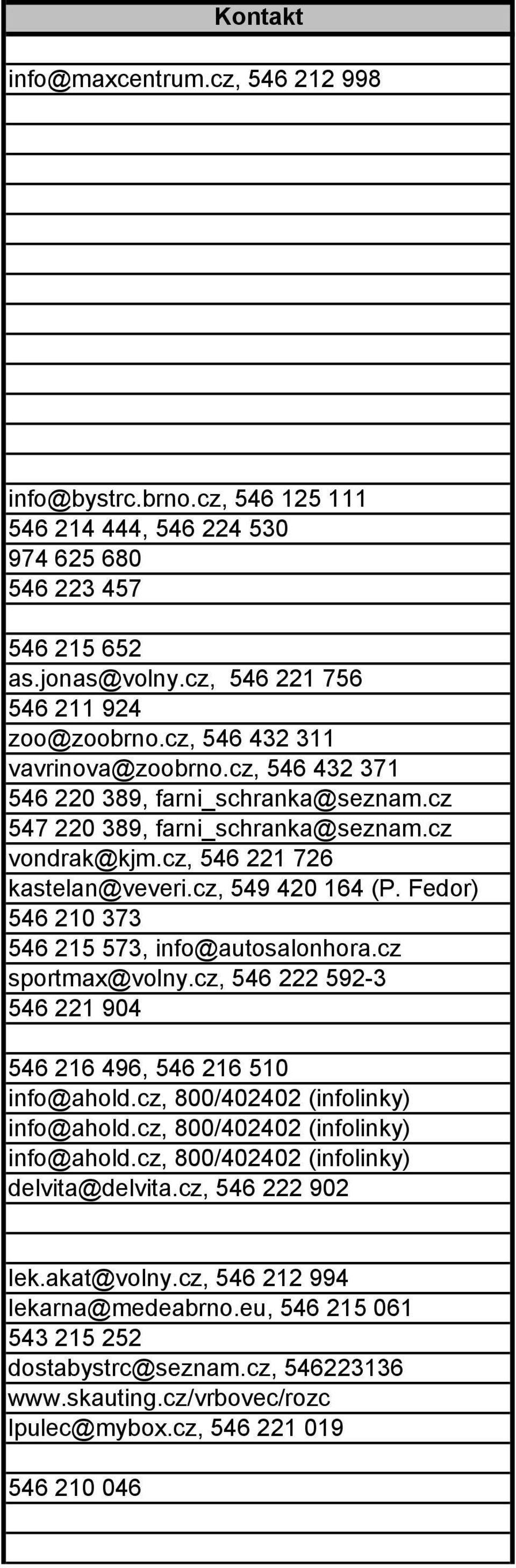 Fedor) 546 210 373 546 215 573, info@autosalonhora.cz sportmax@volny.cz, 546 222 592-3 546 221 904 546 216 496, 546 216 510 info@ahold.cz, 800/402402 (infolinky) info@ahold.