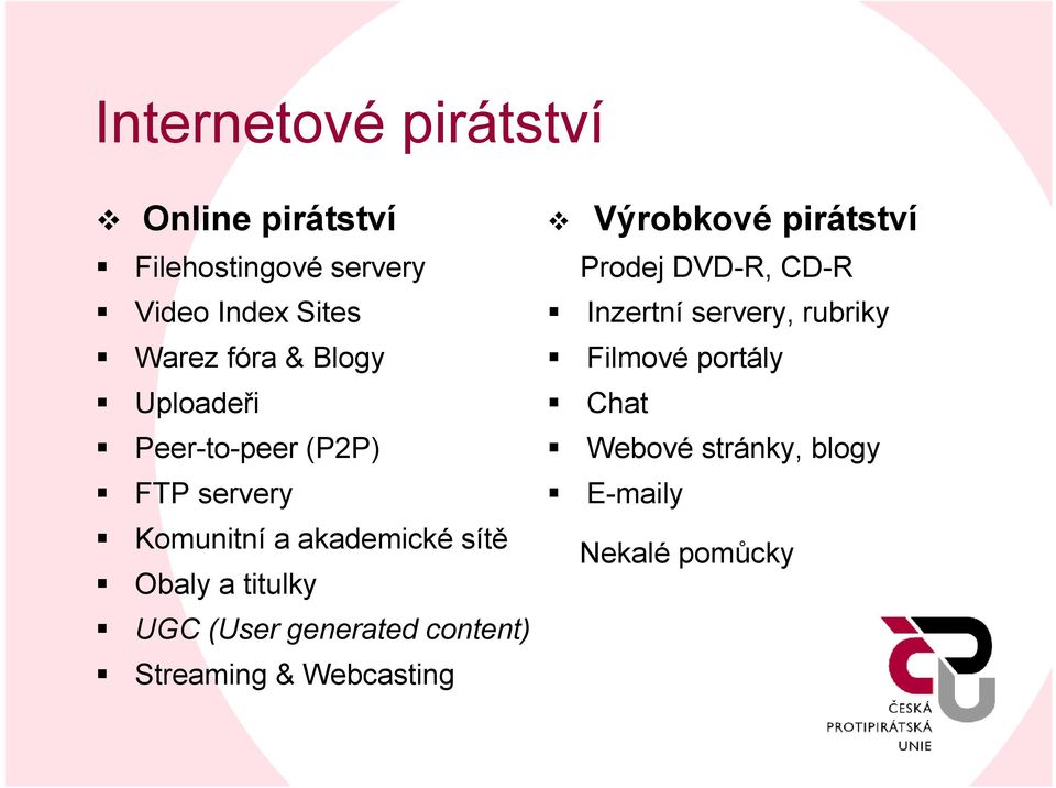 titulky UGC (User generated content) Streaming& Webcasting Výrobkové pirátství Prodej