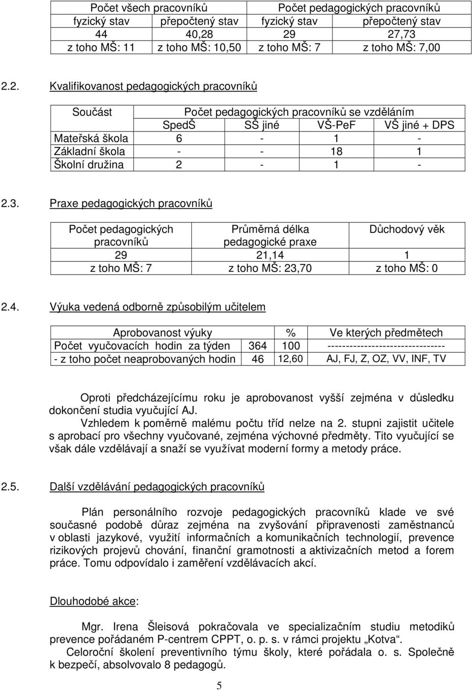 3. Praxe pedagogických pracovníků Počet pedagogických Průměrná délka Důchodový věk pracovníků pedagogické praxe 29 21,14 