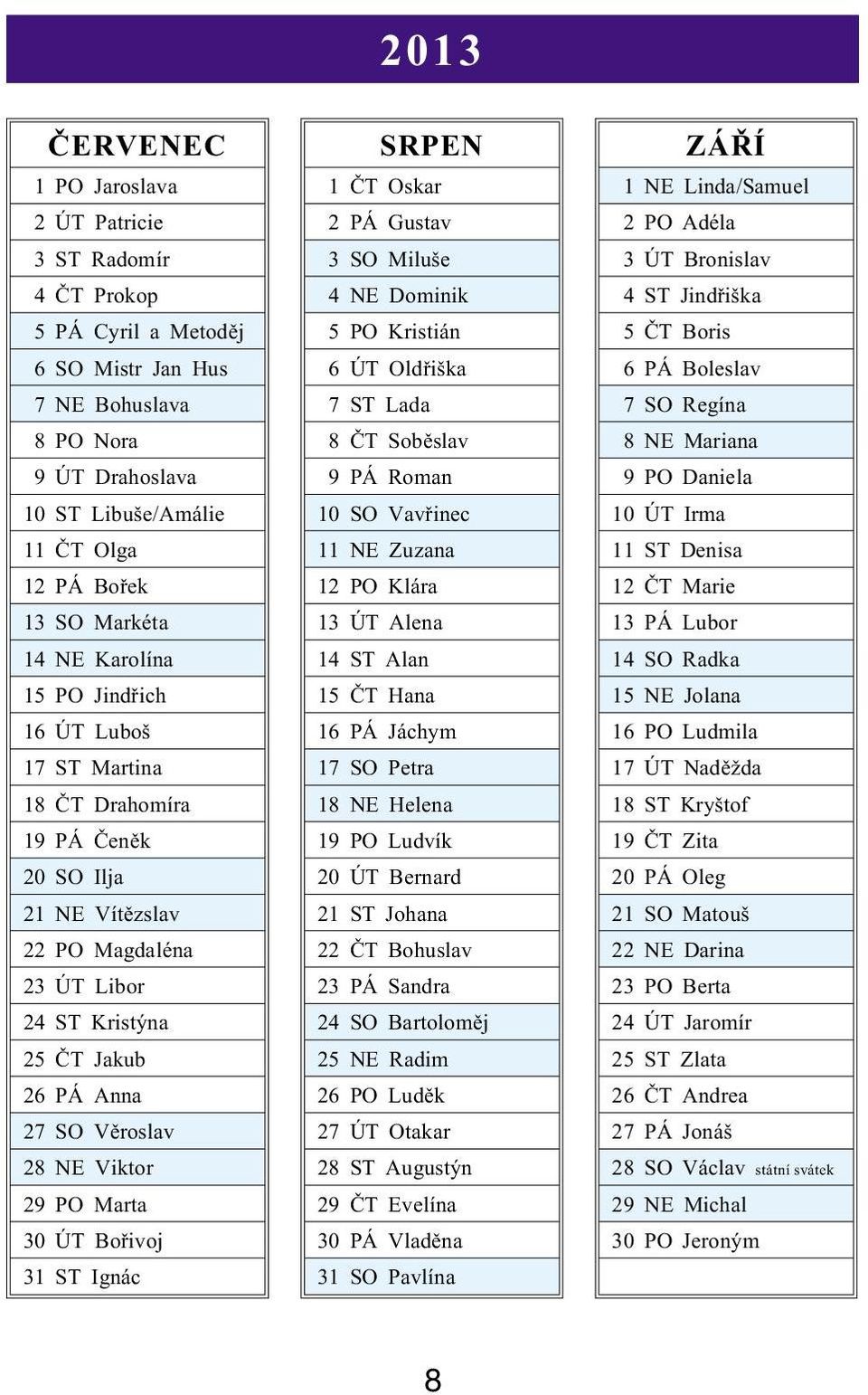 28 NE Viktor 29 PO Marta 30 ÚT Boøivoj 31 ST Ignác SRPEN 1 ÈT Oskar 2 PÁ Gustav 3 SO Miluše 4 NE Dominik 5 PO Kristián 6 ÚT Oldøiška 7 ST Lada 8 ÈT Sobìslav 9 PÁ Roman 10 SO Vavøinec 11 NE Zuzana 12