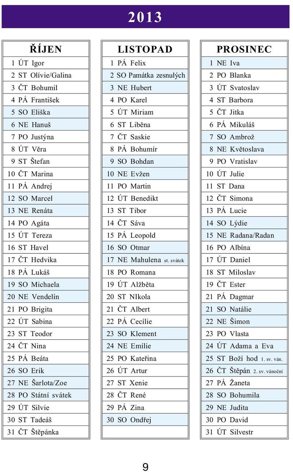 30 ST Tadeáš 31 ÈT Štìpánka LISTOPAD 1 PÁ Felix 2 SO Památka zesnulých 3 NE Hubert 4 PO Karel 5 ÚT Miriam 6 ST Libìna 7 ÈT Saskie 8 PÁ Bohumír 9 SO Bohdan 10 NE Evžen 11 PO Martin 12 ÚT Benedikt 13