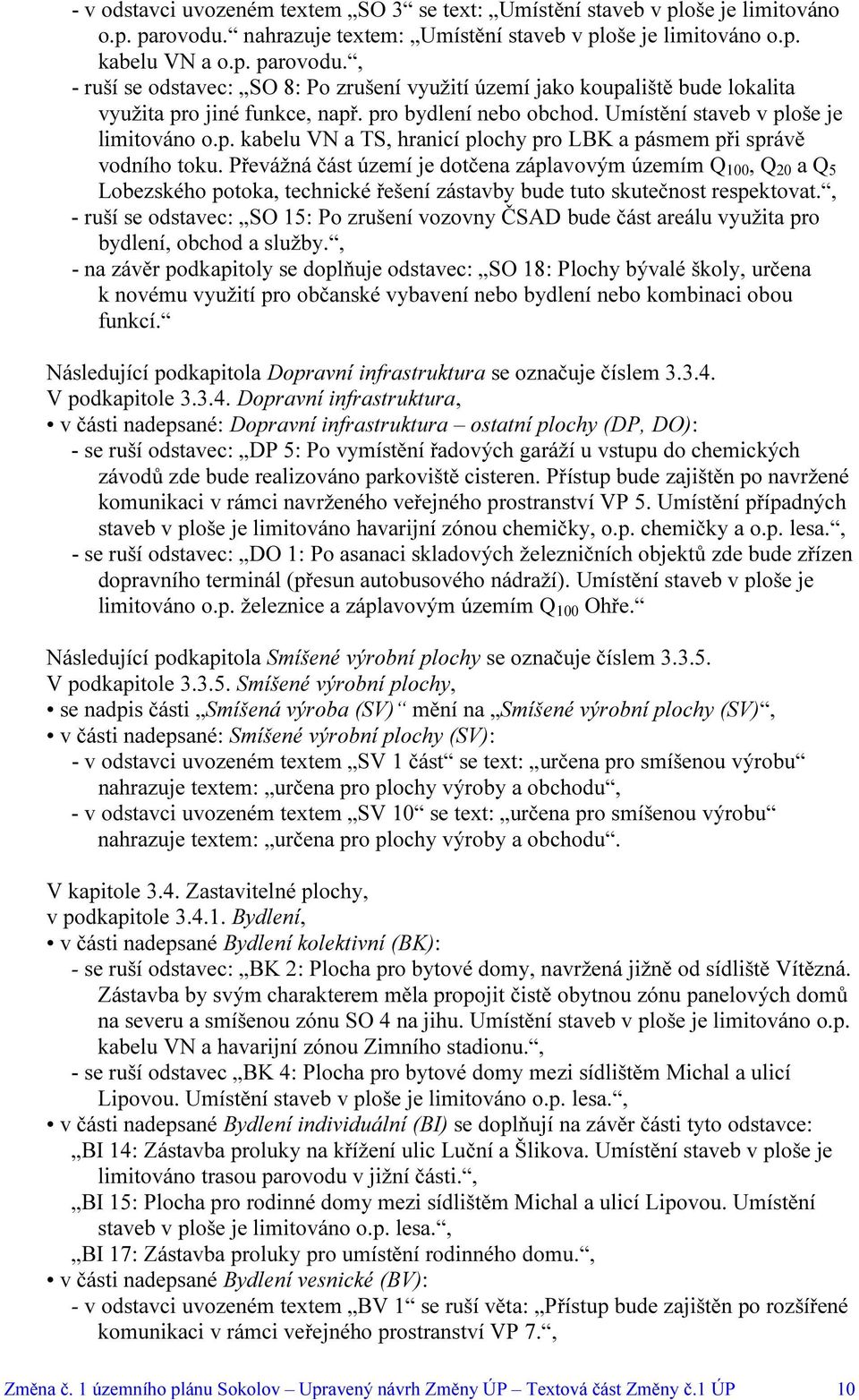 pro bydlení nebo obchod. Umístění staveb v ploše je limitováno o.p. kabelu VN a TS, hranicí plochy pro LBK a pásmem při správě vodního toku.