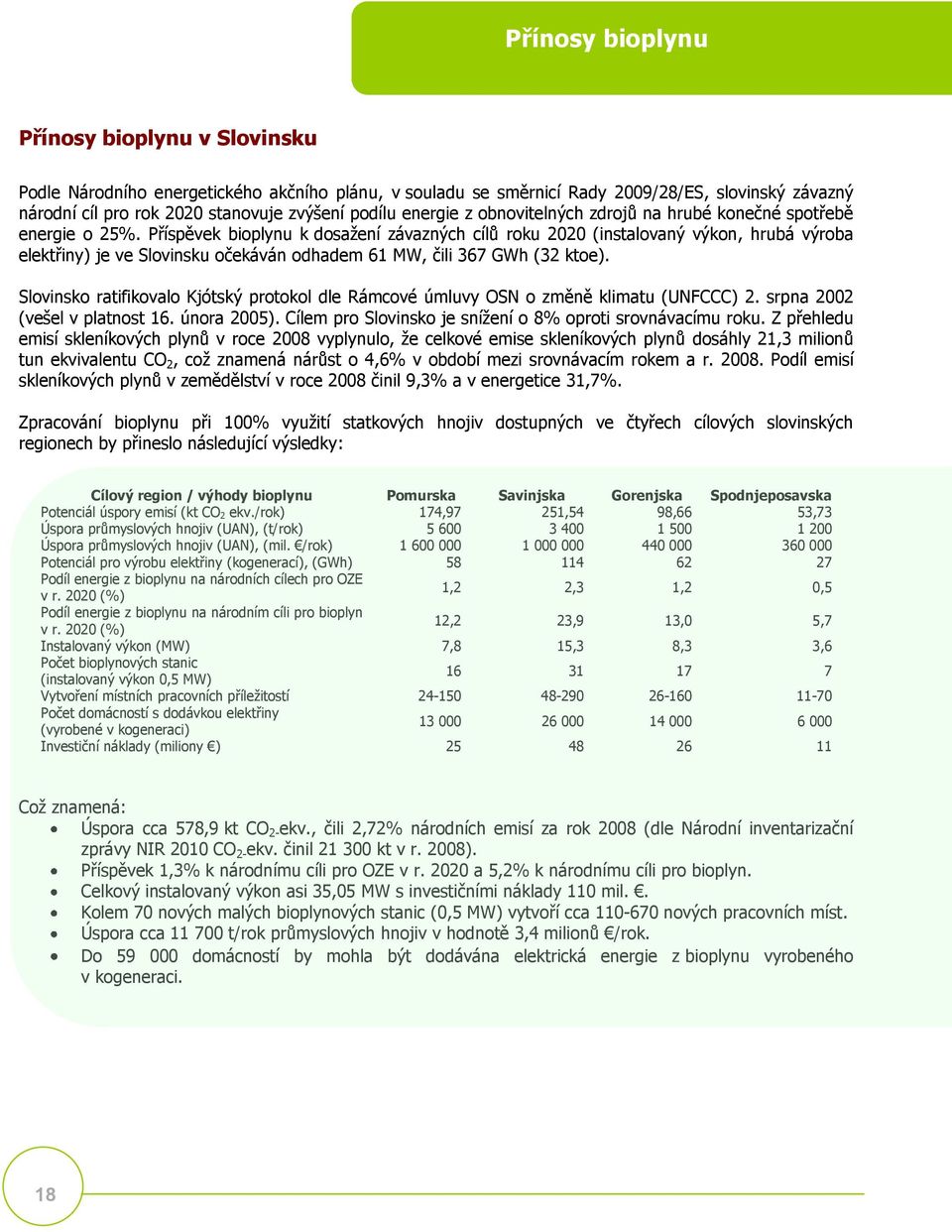 Příspěvek bioplynu k dosaţení závazných cílů roku 2020 (instalovaný výkon, hrubá výroba elektřiny) je ve Slovinsku očekáván odhadem 61 MW, čili 367 GWh (32 ktoe).
