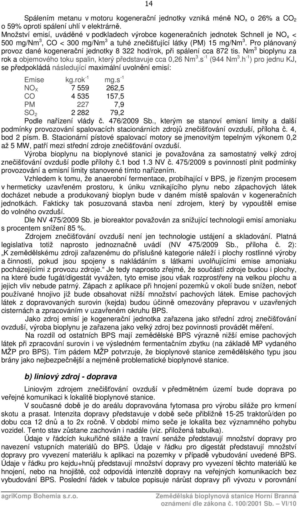 Pro plánovaný provoz dané kogenerační jednotky 8 322 hod/rok, při spálení cca 872 tis. Nm 3 bioplynu za rok a objemového toku spalin, který představuje cca 0,26 Nm 3.s -1 (944 Nm 3.