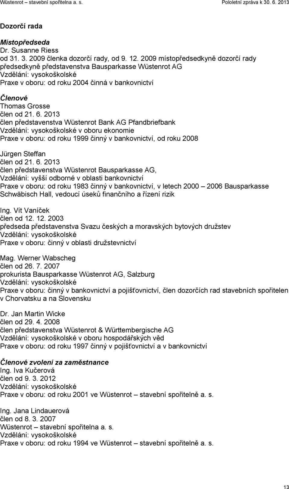 2013 člen představenstva Wüstenrot Bank AG Pfandbriefbank Vzdělání: vysokoškolské v oboru ekonomie Praxe v oboru: od roku 1999 činný v bankovnictví, od roku 2008 Jürgen Steffan člen od 21. 6.