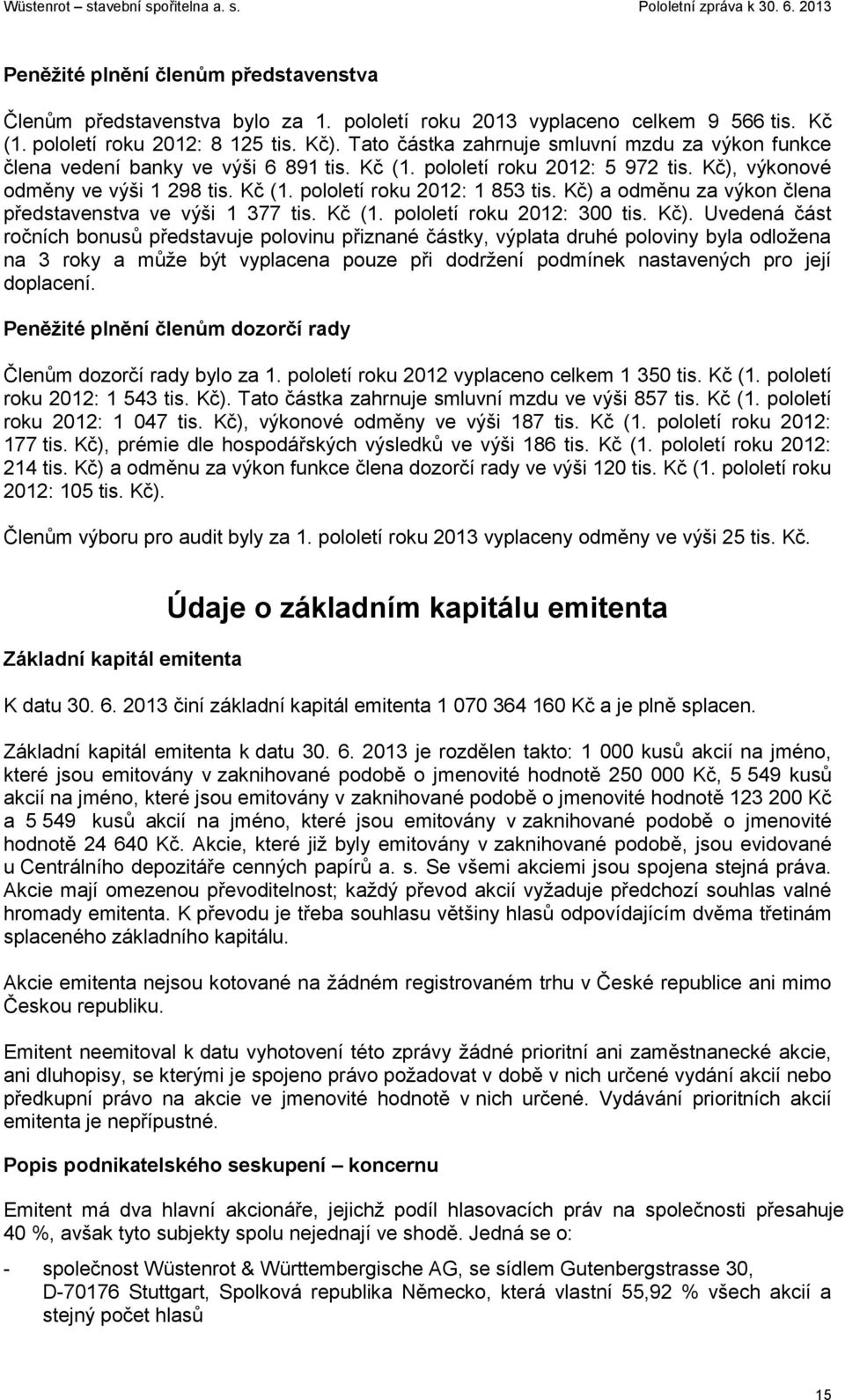 Kč) a odměnu za výkon člena představenstva ve výši 1 377 tis. Kč (1. pololetí roku 2012: 300 tis. Kč).