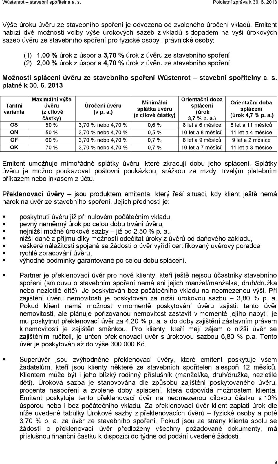 úrok z úvěru ze stavebního spoření (2) 2,00 % úrok z úspor a 4,70 % úrok z úvěru ze stavebního spoření Možnosti splácení úvěru ze stavebního spoření Wüstenrot stavební spořitelny a. s. platné k 30. 6.