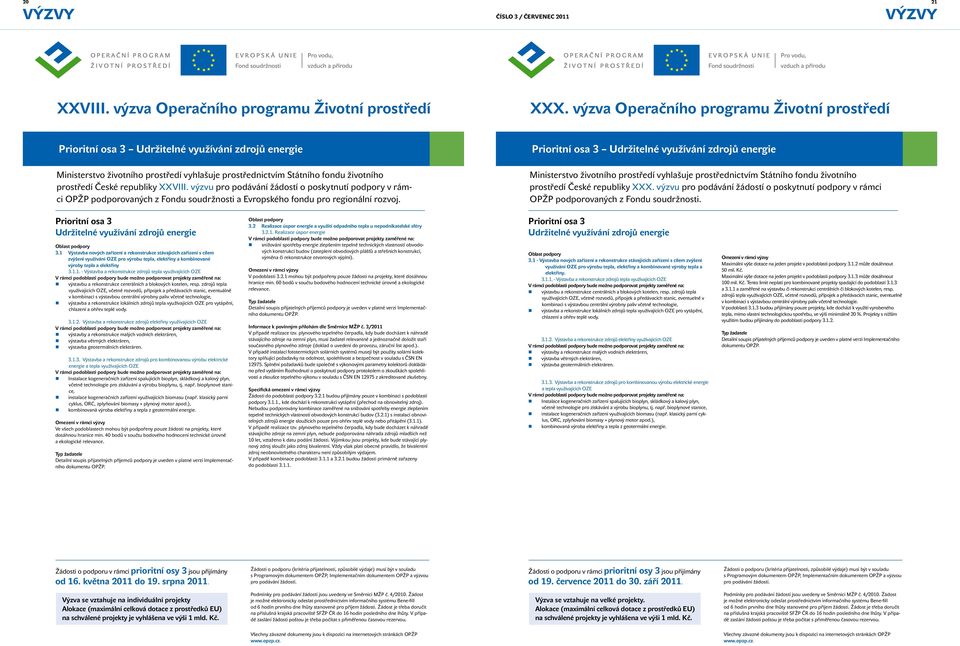 republiky XXVIII. výzvu pro podávání žádostí o poskytnutí podpory v rámci OPŽP podporovaných z Fondu soudržnosti a Evropského fondu pro regionální rozvoj.