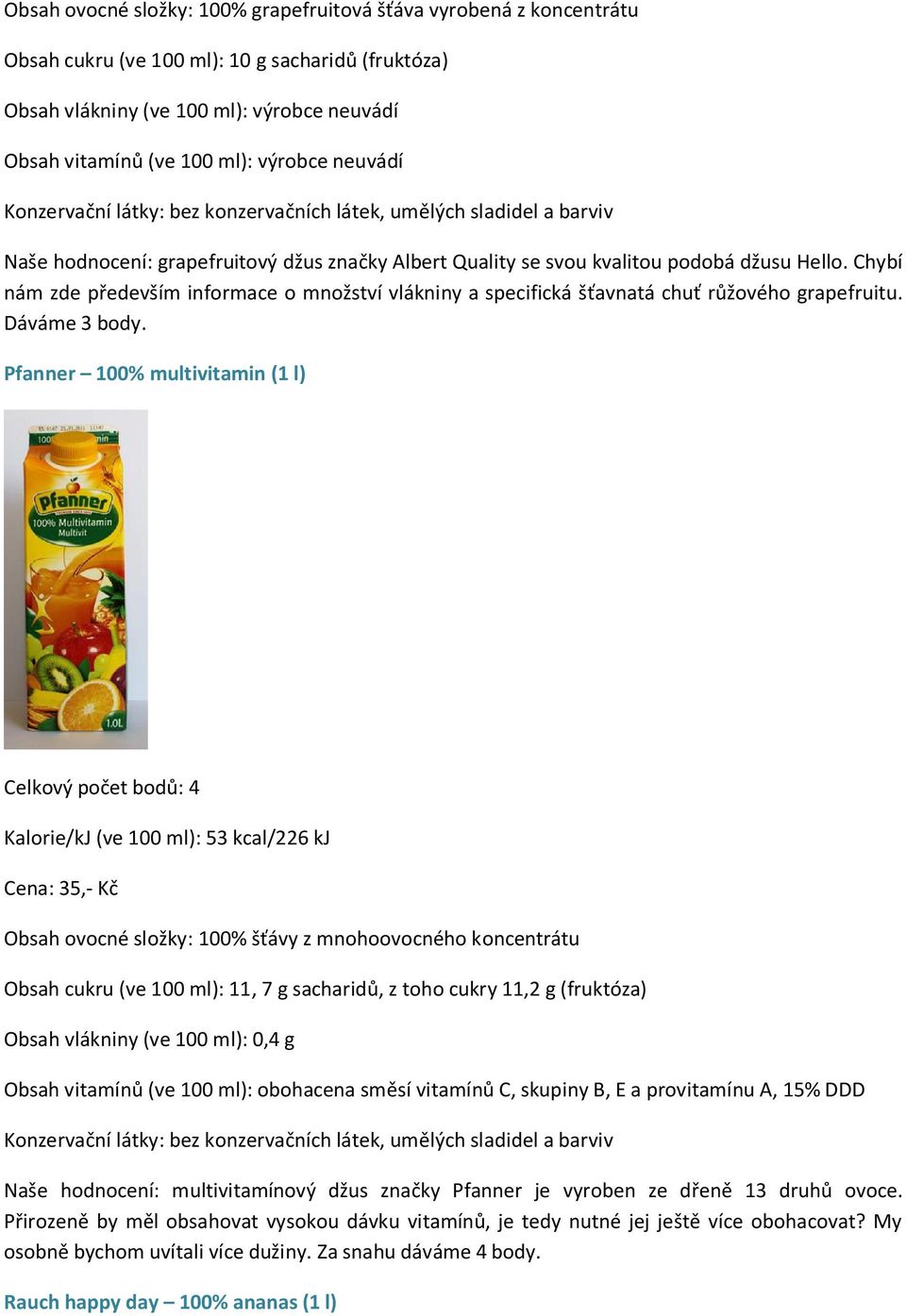 Pfanner 100% multivitamin (1 l) Celkový počet bodů: 4 Kalorie/kJ (ve 100 ml): 53 kcal/226 kj Cena: 35,- Kč Obsah ovocné složky: 100% šťávy z mnohoovocného koncentrátu Obsah cukru (ve 100 ml): 11, 7 g