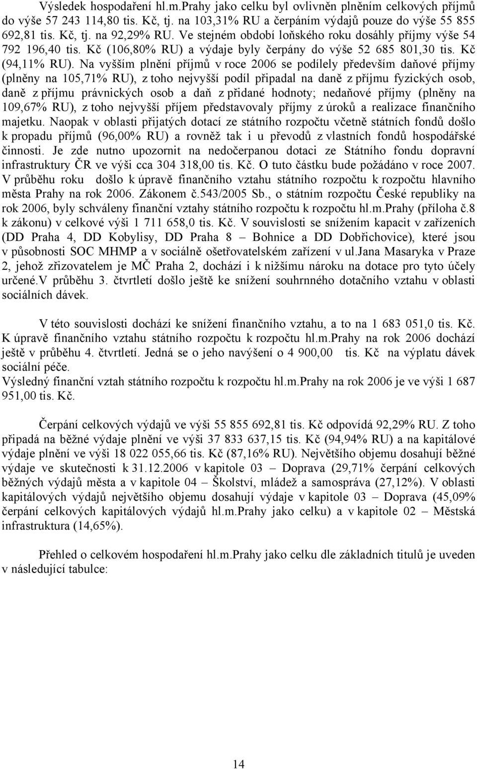 Na vyšším plnění příjmů v roce 2006 se podílely především daňové příjmy (plněny na 105,71% RU), z toho nejvyšší podíl připadal na daně z příjmu fyzických osob, daně z příjmu právnických osob a daň z