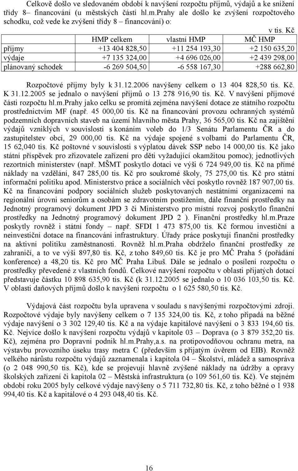 Rozpočtové příjmy byly k 31.12.2006 navýšeny celkem o 13 404 828,50 tis. Kč. K 31.12.2005 se jednalo o navýšení příjmů o 13 278 916,90 tis. Kč. V navýšení příjmové části rozpočtu hl.m.prahy jako celku se promítá zejména navýšení dotace ze státního rozpočtu prostřednictvím MF (např.