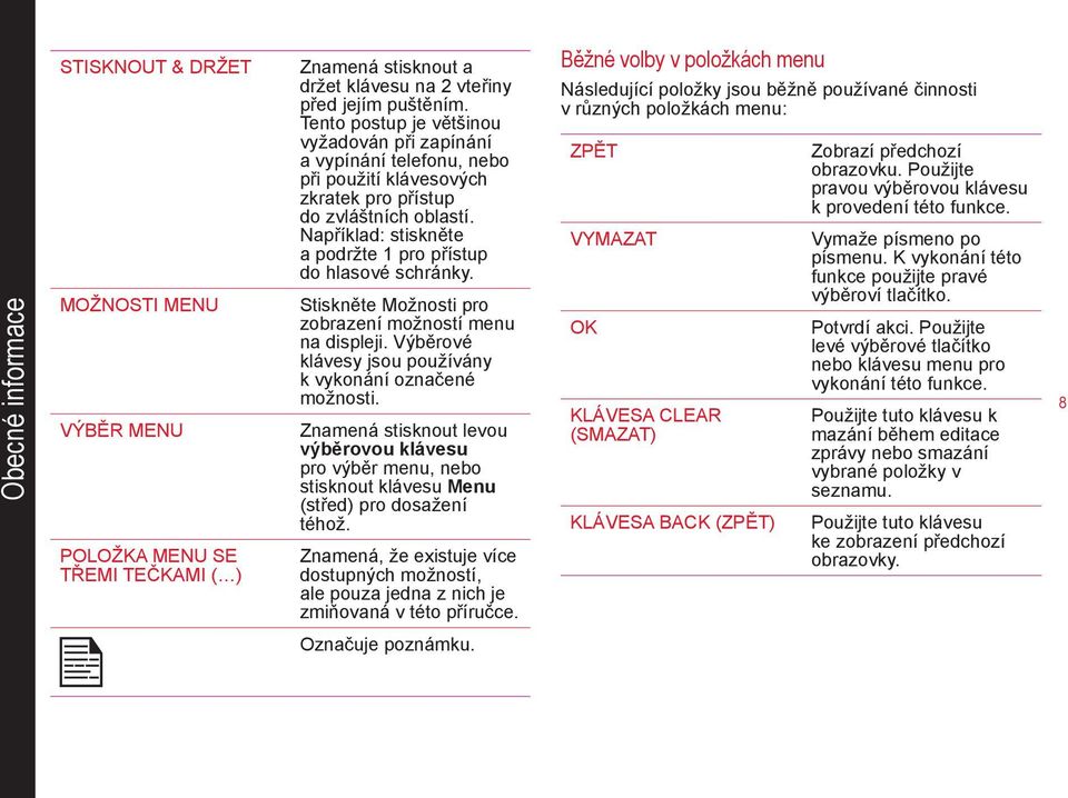 Například: stiskněte a podržte 1 pro přístup do hlasové schránky. Stiskněte Možnosti pro zobrazení možností menu na displeji. Výběrové klávesy jsou používány k vykonání označené možnosti.