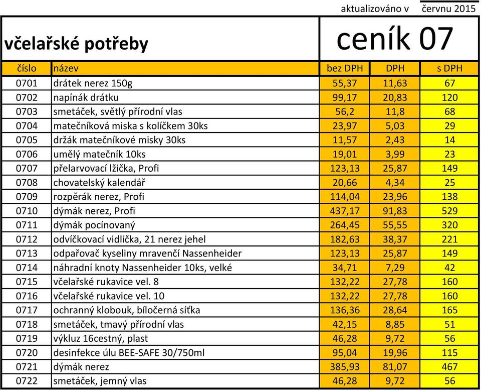 20,66 4,34 25 0709 rozpěrák nerez, Profi 114,04 23,96 138 0710 dýmák nerez, Profi 437,17 91,83 529 0711 dýmák pocínovaný 264,45 55,55 320 0712 odvíčkovací vidlička, 21 nerez jehel 182,63 38,37 221