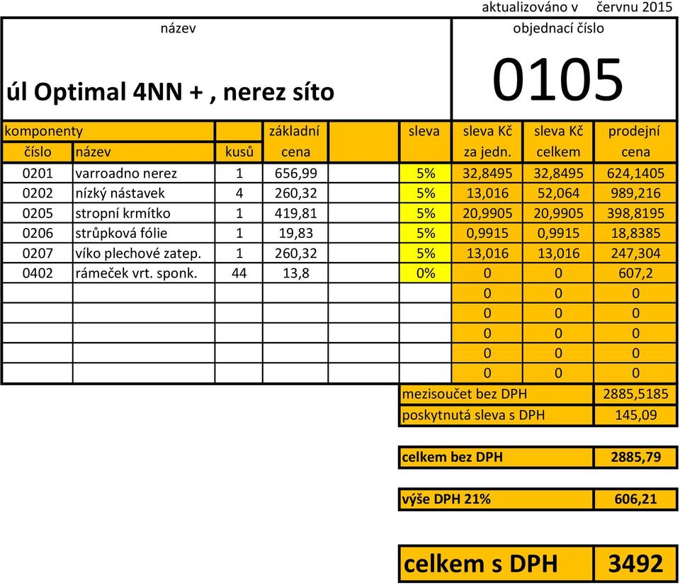 celkem cena 0201 varroadno nerez 1 656,99 5% 32,8495 32,8495 624,1405 0202 nízký nástavek 4 260,32 5% 13,016 52,064 989,216 0205 stropní krmítko 1 419,81 5%