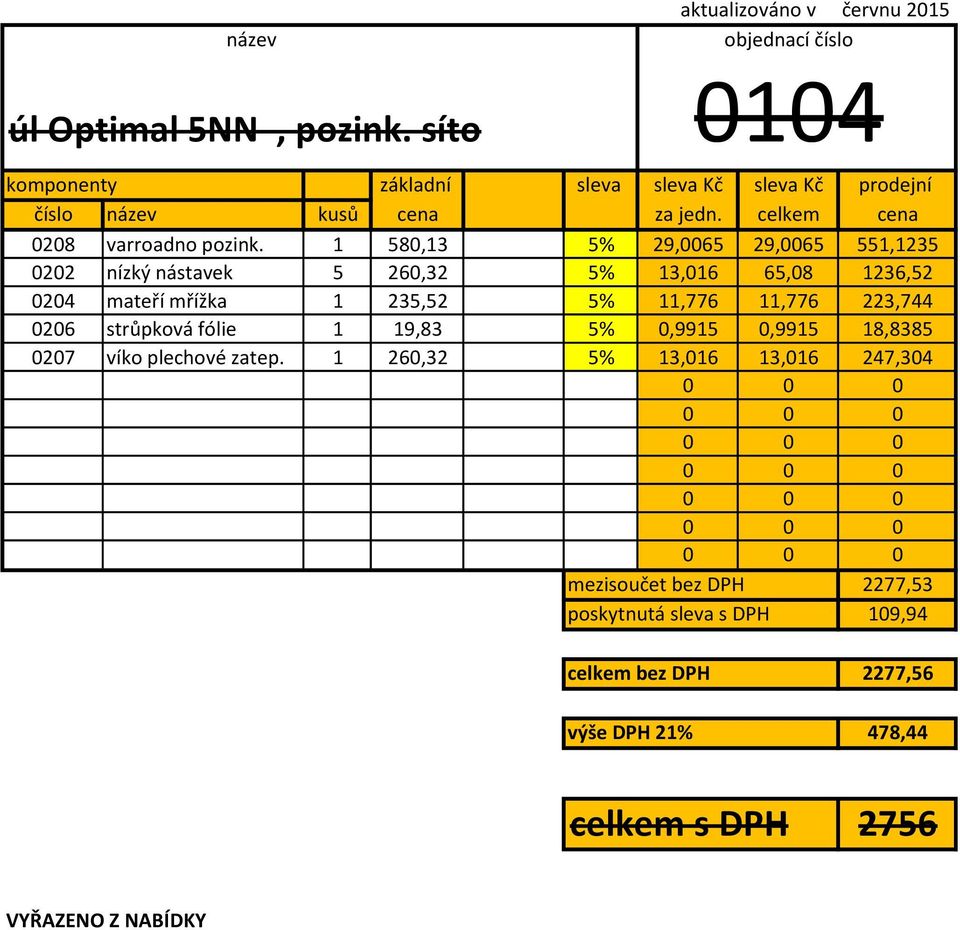 1 580,13 5% 29,0065 29,0065 551,1235 0202 nízký nástavek 5 260,32 5% 13,016 65,08 1236,52 0204 mateří mřížka 1 235,52 5% 11,776 11,776 223,744 0206