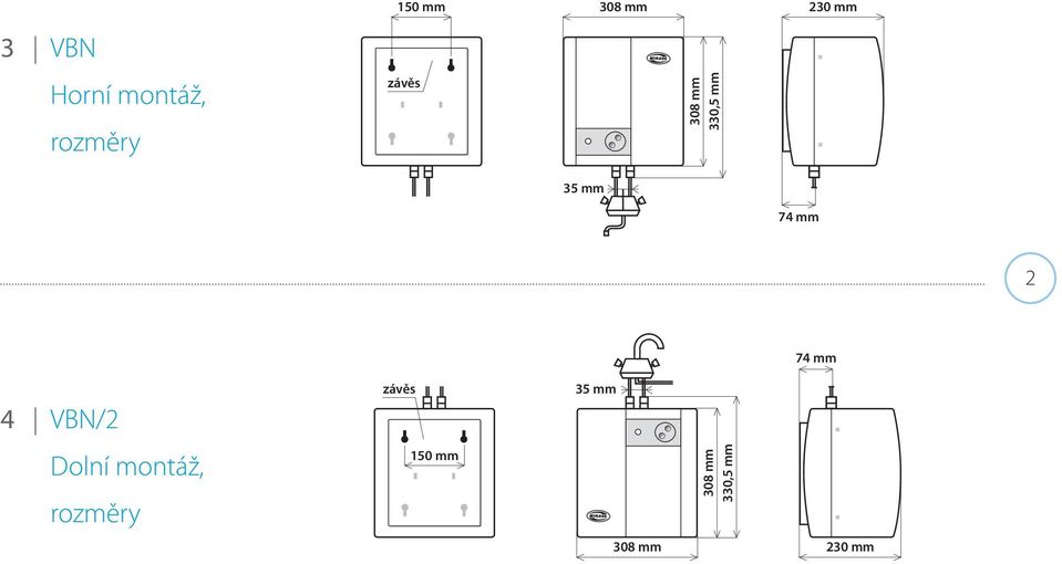 2 4 VBN/2 Dolní montáž, rozměry závěs 150
