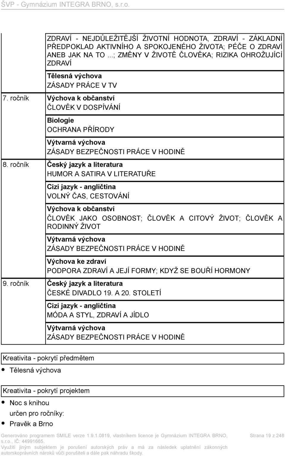 ročník Výchova k občanství ČLOVĚK V DOSPÍVÁNÍ Biologie OCHRANA PŘÍRODY Výtvarná výchova ZÁSADY BEZPEČNOSTI PRÁCE V HODINĚ 8.