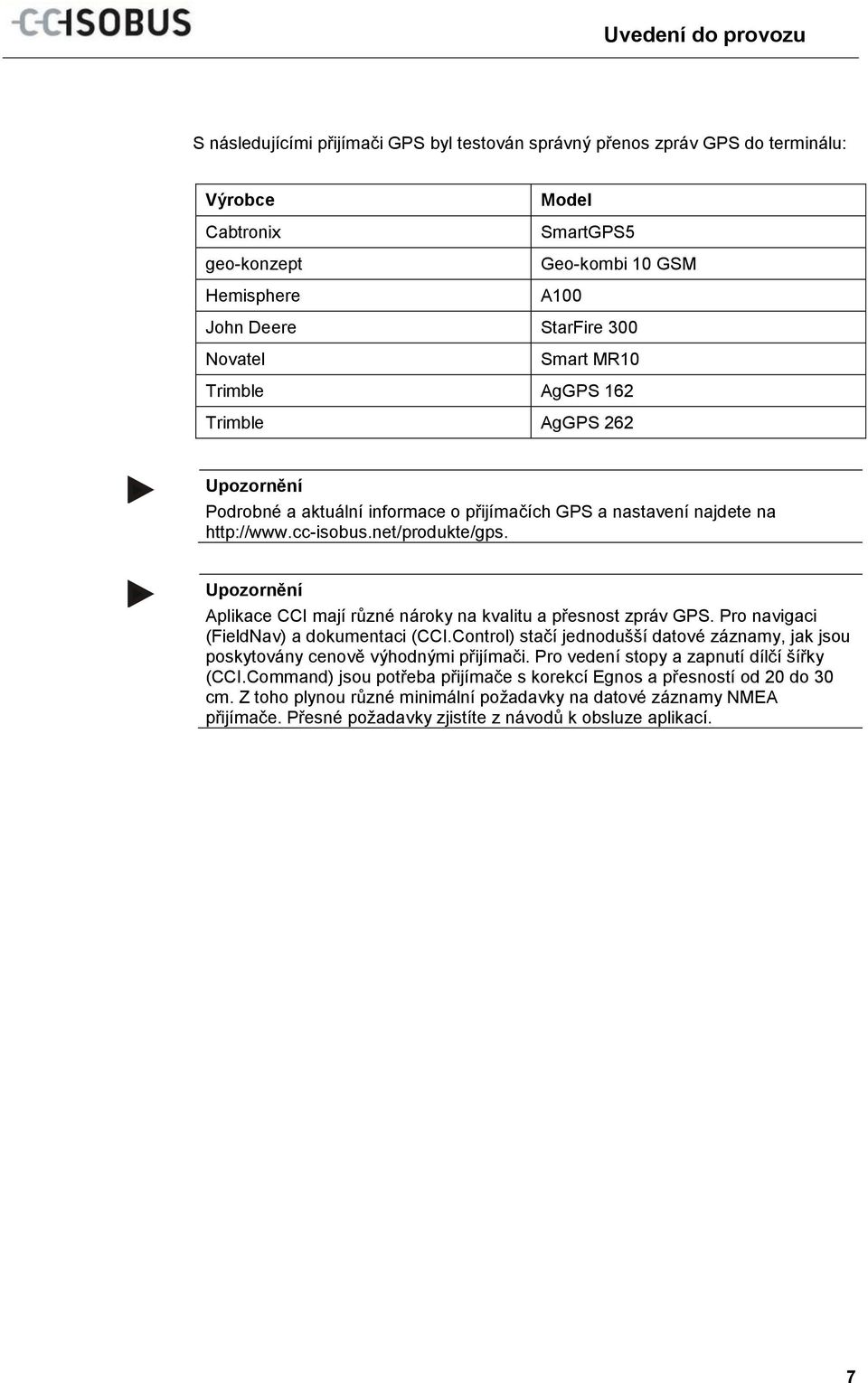 Upozornění Aplikace CCI mají různé nároky na kvalitu a přesnost zpráv GPS. Pro navigaci (FieldNav) a dokumentaci (CCI.