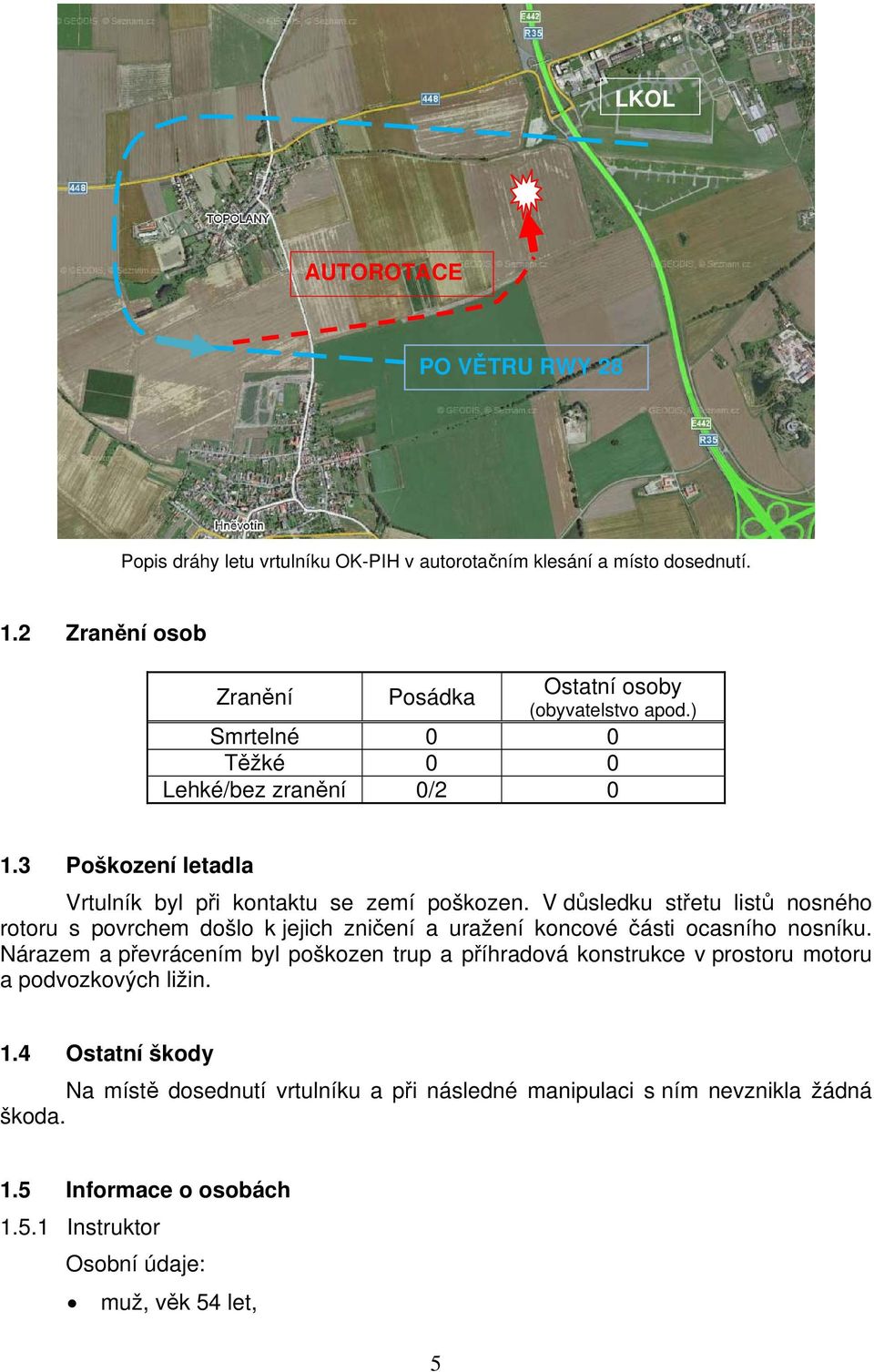 3 Poškození letadla Vrtulník byl při kontaktu se zemí poškozen.