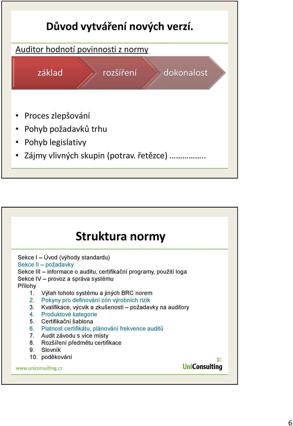 . Struktura normy Sekce I Úvod (výhody standardu) Sekce II požadavky Sekce III informace o auditu, certifikační programy, použití loga Sekce IV provoz a správa systému Přílohy 1.