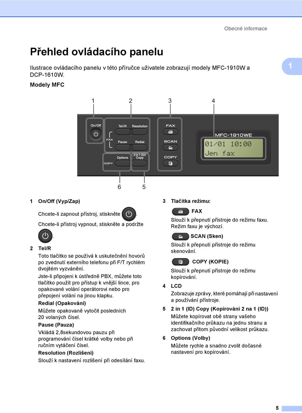 2 Tel/R Toto tlačítko se používá k uskutečnění hovorů po zvednutí externího telefonu při F/T rychlém dvojitém vyzvánění.