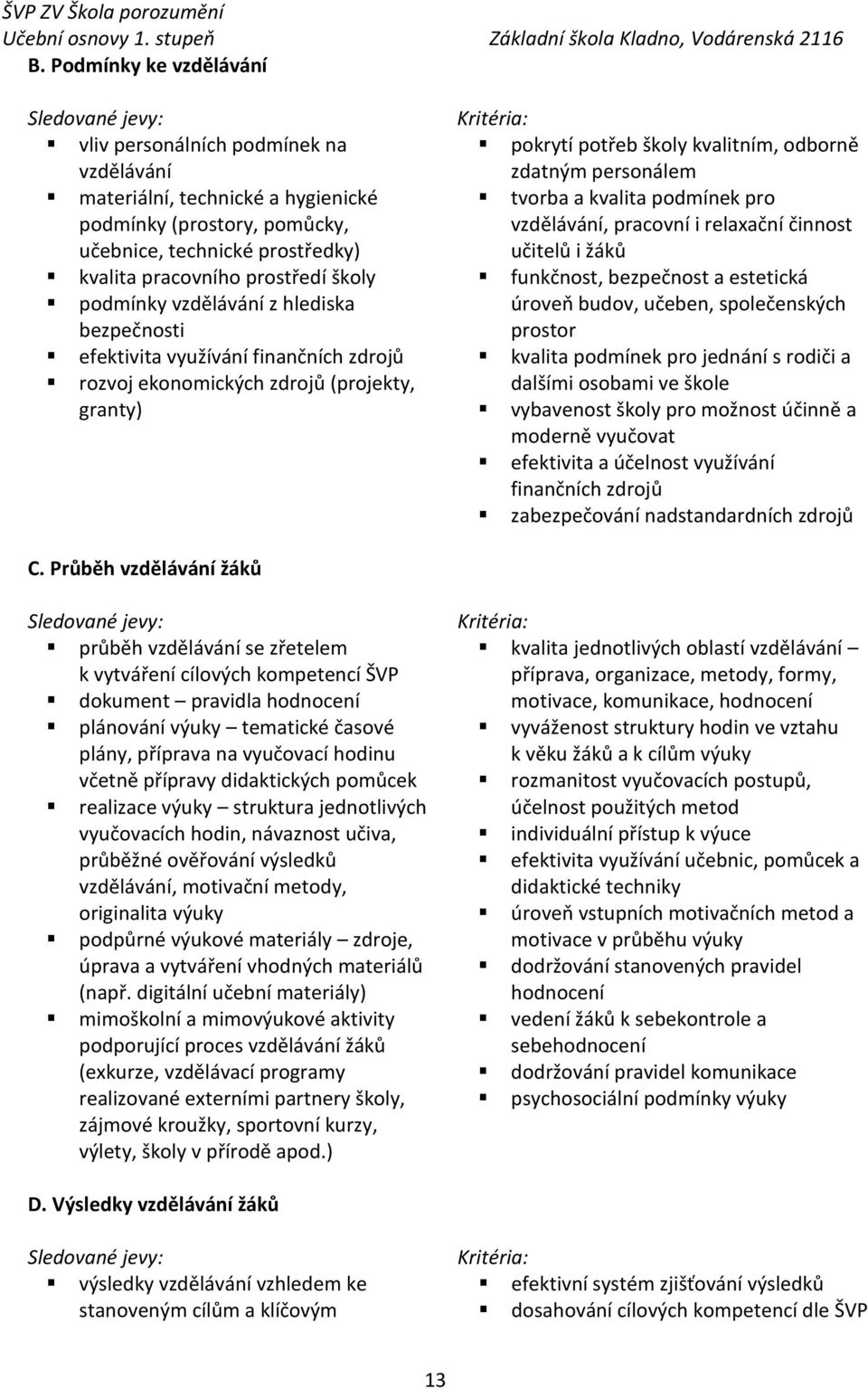 prostředí školy podmínky vzdělávání z hlediska bezpečnosti efektivita využívání finančních zdrojů rozvoj ekonomických zdrojů (projekty, granty) Kritéria: pokrytí potřeb školy kvalitním, odborně