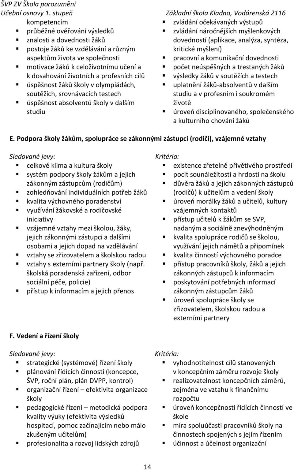 analýza, syntéza, postoje žáků ke vzdělávání a různým kritické myšlení) aspektům života ve společnosti pracovní a komunikační dovednosti motivace žáků k celoživotnímu učení a počet neúspěšných a