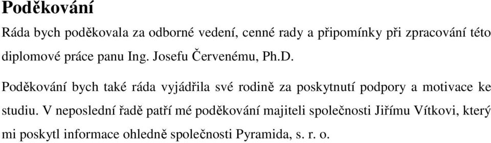 Poděkování bych také ráda vyjádřila své rodině za poskytnutí podpory a motivace ke studiu.