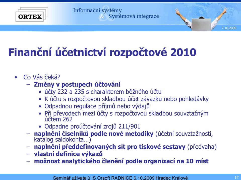 regulace příjmů nebo výdajů Při převodech mezi účty s rozpočtovou skladbou souvztažným účtem 262 Odpadne proúčtování zrojů 211/901 naplnění