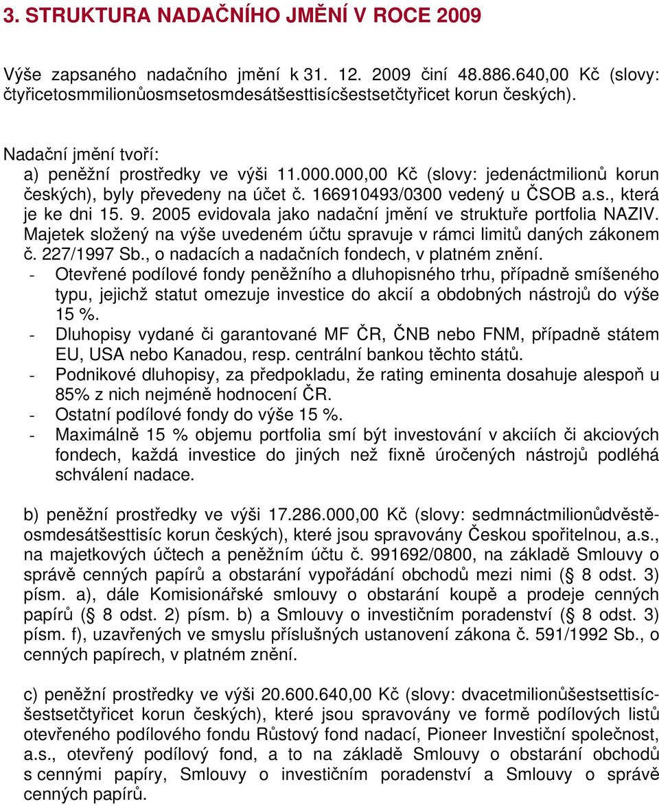 2005 evidovala jako nadační jmění ve struktuře portfolia NAZIV. Majetek složený na výše uvedeném účtu spravuje v rámci limitů daných zákonem č. 227/1997 Sb.