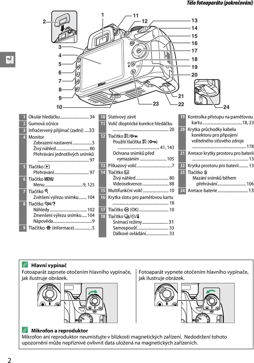 ..9 9 Tlačítko P (informace)...5 1 11 12 13 14 15 16 17 23 10 Stativový závit 11 Volič dioptrické korekce hledáčku... 20 12 Tlačítko A/L Použití tlačítka A (L)... 41, 143 Ochrana snímků před vymazáním.