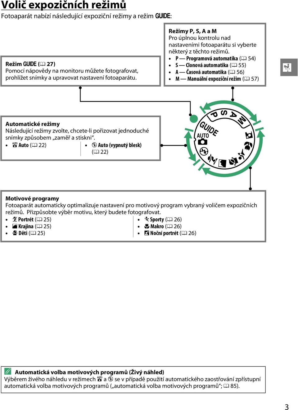 P Programová automatika (0 54) S Clonová automatika (0 55) A Časová automatika (0 56) M Manuální expoziční režim (0 57) X Automatické režimy Následující režimy zvolte, chcete-li pořizovat jednoduché