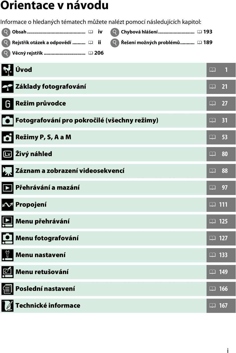 Režim průvodce 0 27 z Fotografování pro pokročilé (všechny režimy) 0 31 t Režimy P, S, A a M 0 53 x Živý náhled 0 80 y Záznam a zobrazení videosekvencí 0 88