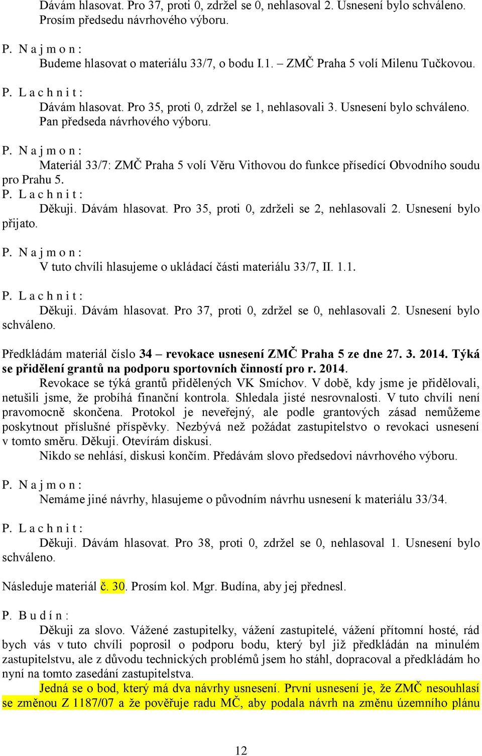 Materiál 33/7: ZMČ Praha 5 volí Věru Vithovou do funkce přísedící Obvodního soudu pro Prahu 5. Děkuji. Dávám hlasovat. Pro 35, proti 0, zdrţeli se 2, nehlasovali 2. Usnesení bylo přijato.