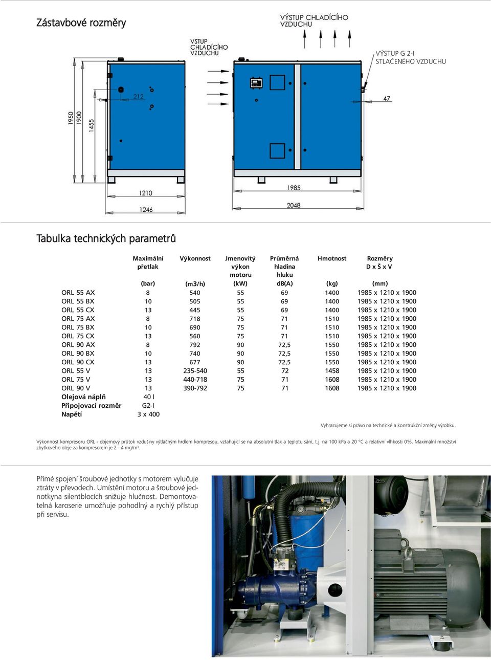 Maximální množství zbytkového oleje za kompresorem je 2-4 mg/m 3. Přímé spojení šroubové jednotky s motorem vylučuje ztráty v převodech.