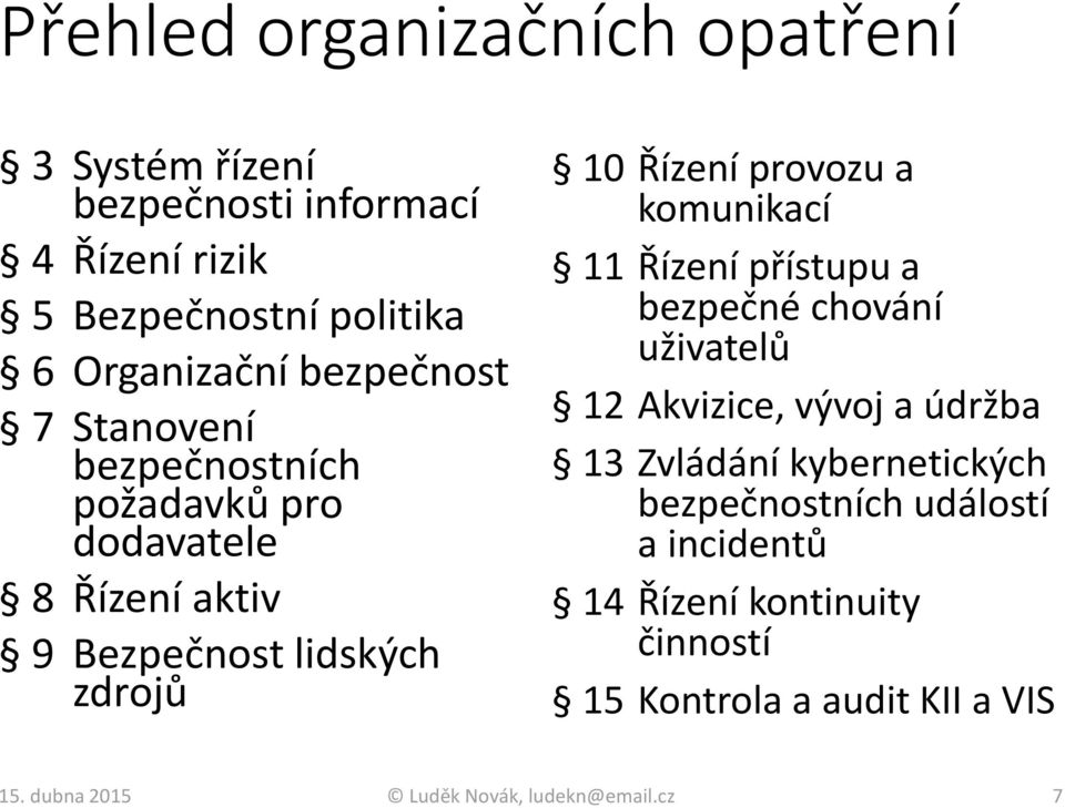 a komunikací 11 Řízení přístupu a bezpečné chování uživatelů 12 Akvizice, vývoj a údržba 13 Zvládání kybernetických