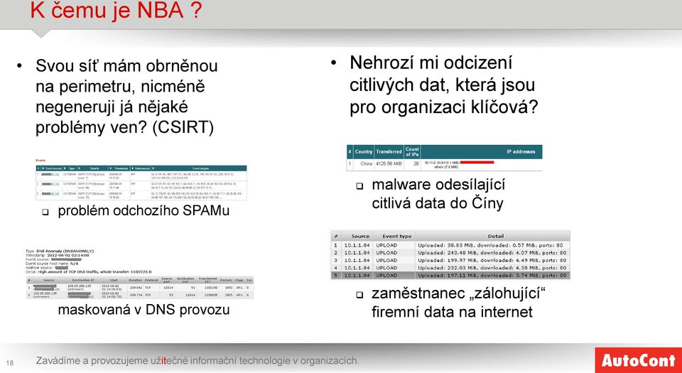 problém odchozího SPAMu malware odesílající citlivá data do Číny botnet C&C komunikace maskovaná v