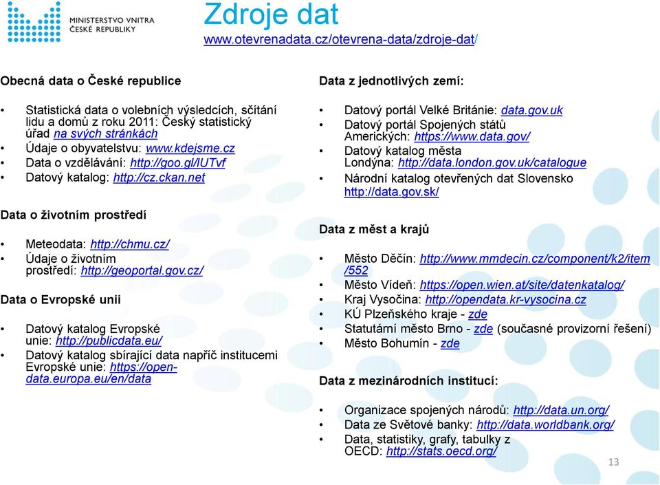 www.kdejsme.cz Data o vzdělávání: http://goo.gl/lutvf Datový katalog: http://cz.ckan.net Data o životním prostředí Meteodata: http://chmu.cz/ Údaje o životním prostředí: http://geoportal.gov.