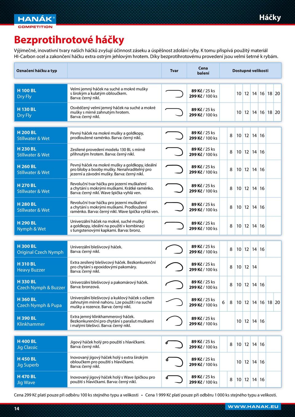 Označení háčku a typ Tvar balení Dostupné velikosti H 100 BL Dry Fly Velmi jemný háček na suché a mokré mušky s širokým a kulatým obloučkem. Barva: černý nikl.