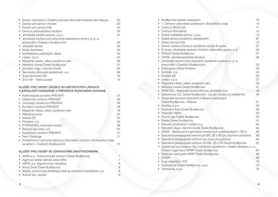 s. 65 Svaz důchodců ČR 70 Život 90 Tísňová péče 73 SLUŽBY PRO OSOBY ZÁVISLÉ NA NÁVYKOVÝCH LÁTKÁCH A ZÁVISLOSTÍ OHROŽENÉ A PREVENCE RIZIKOVÉHO CHOVÁNÍ Adiktologická poradna PREVENT 55 Doléčovací