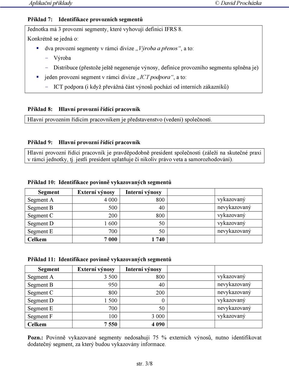 segment v rámci divize ICT podpora, a to: - ICT podpora (i když převážná část výnosů pochází od interních zákazníků) Příklad 8: Hlavní provozní řídící pracovník Hlavní provozním řídícím pracovníkem