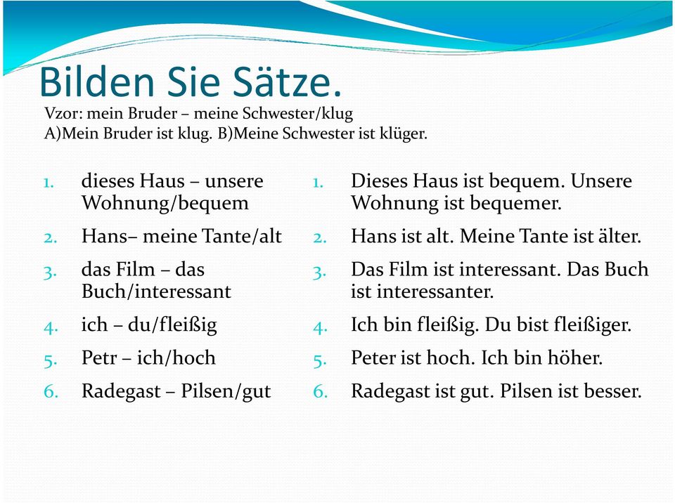 Radegast Pilsen/gut 1. Dieses Haus ist bequem. Unsere Wohnung ist bequemer. 2. Hans ist alt. Meine Tante ist älter. 3.