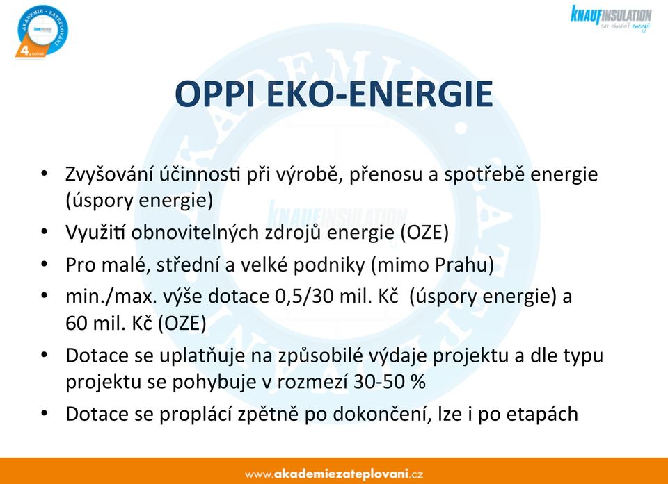 výše dotace 0,5/30 mil. Kč (úspory energie) a 60 mil.