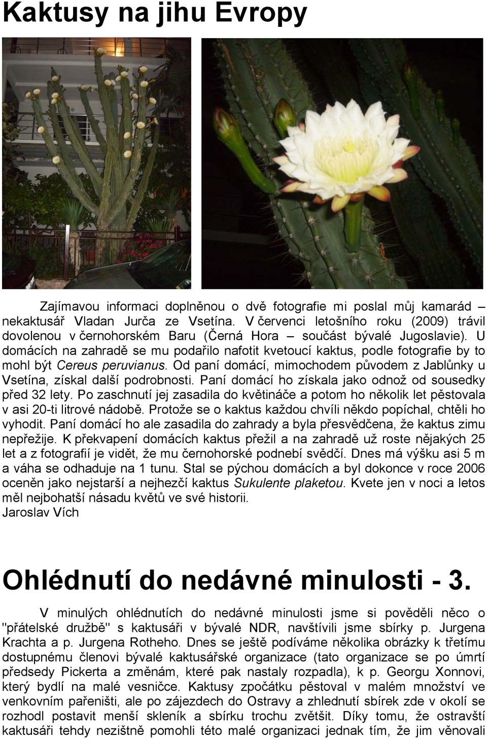 U domácích na zahradě se mu podařilo nafotit kvetoucí kaktus, podle fotografie by to mohl být Cereus peruvianus. Od paní domácí, mimochodem původem z Jablůnky u Vsetína, získal další podrobnosti.