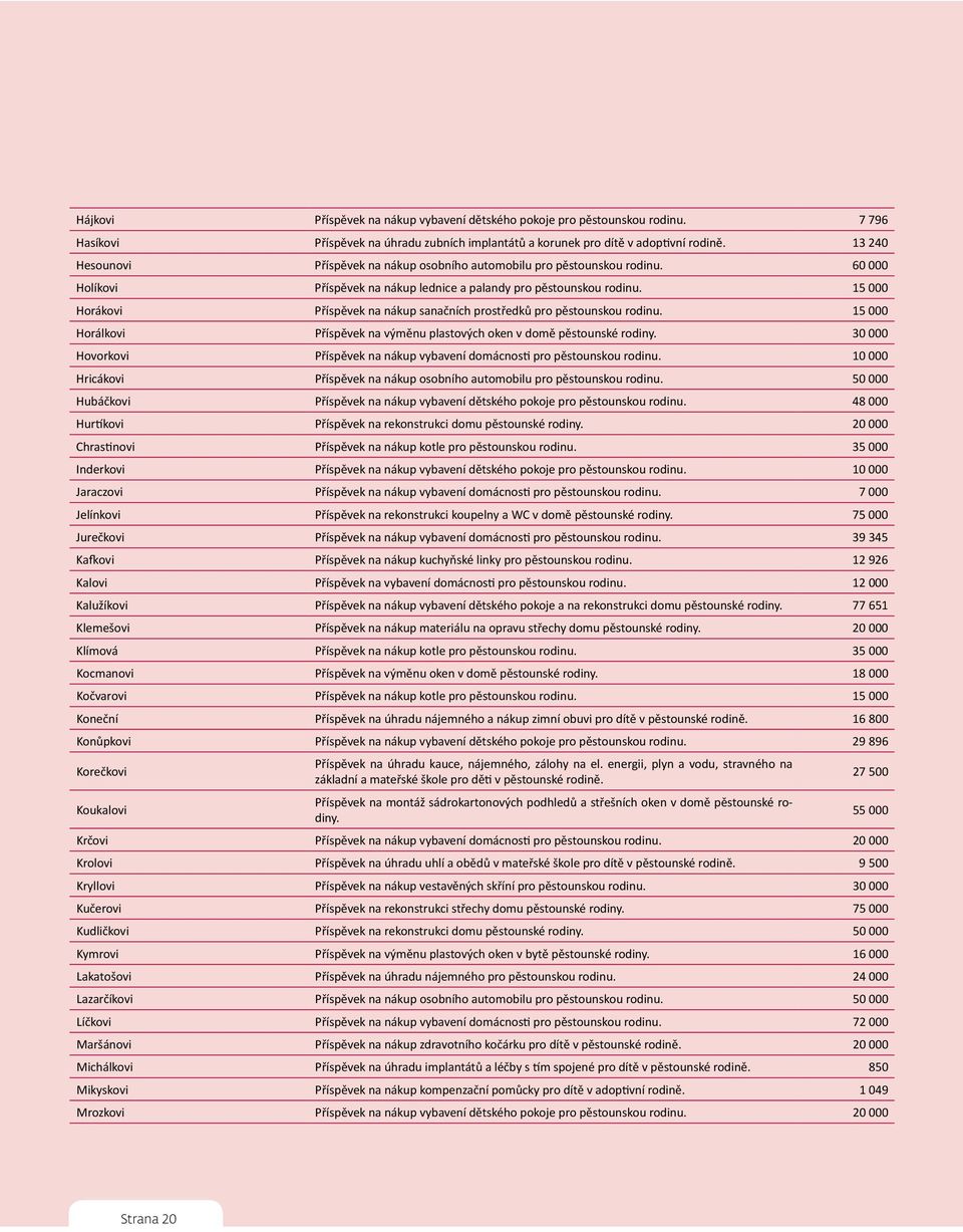 15 000 Horákovi Příspěvek na nákup sanačních prostředků pro pěstounskou rodinu. 15 000 Horálkovi Příspěvek na výměnu plastových oken v domě pěstounské rodiny.