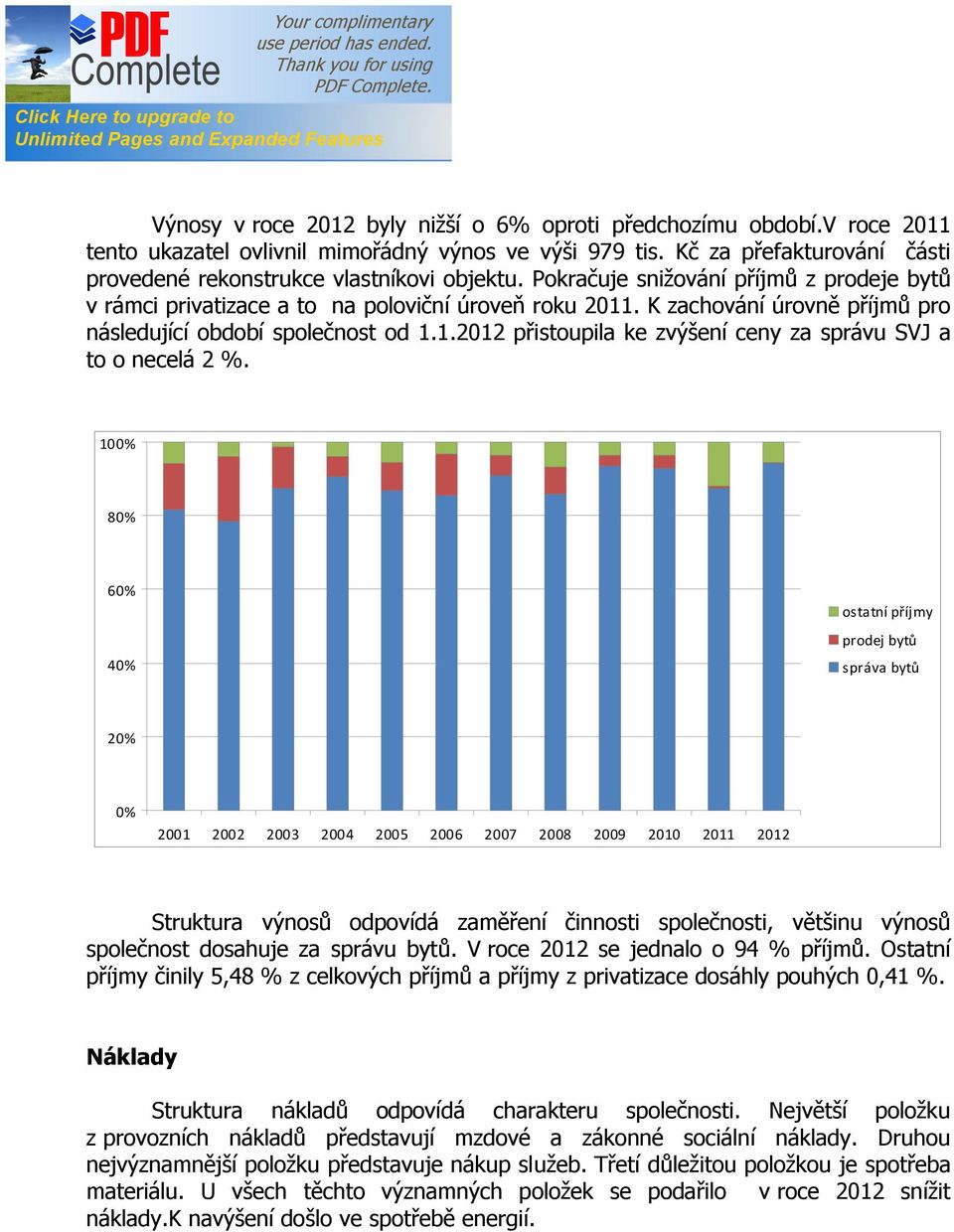 K zachování úrovně příjmů pro následující období společnost od 1.1.2012 přistoupila ke zvýšení ceny za správu SVJ a to o necelá 2 %.